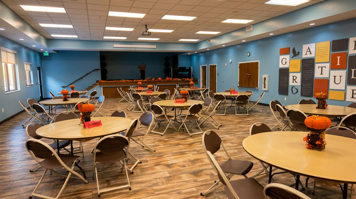 Hot meals being served in the Food & Care Coalition dining room